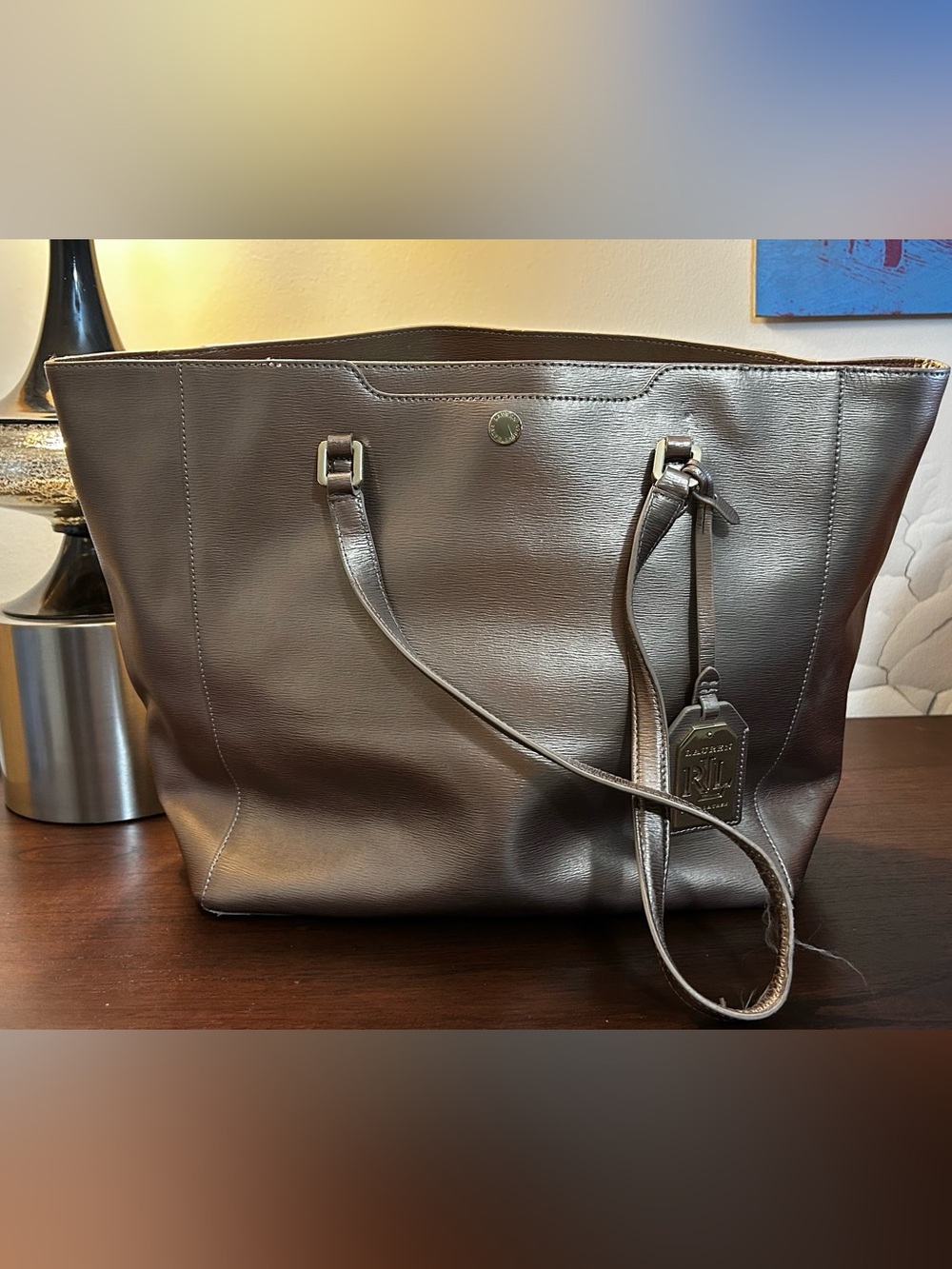 Ralph Lauren Gold Mettalic Leather Tote with Logo Tag